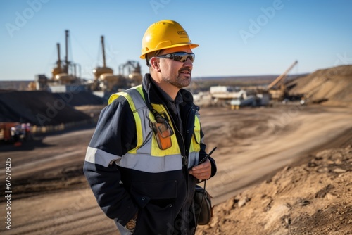 Man Industry worker use walkie talkie on sand quarry, engineer