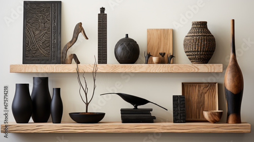 Pretty African decorative objects stand on two shelves on the wall photo