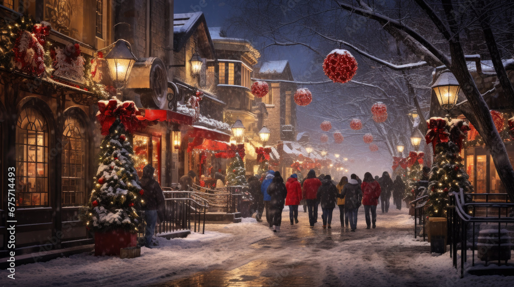 People walk through festively decorated streets at Christmas time People walk through festively decorated streets at Christmas time