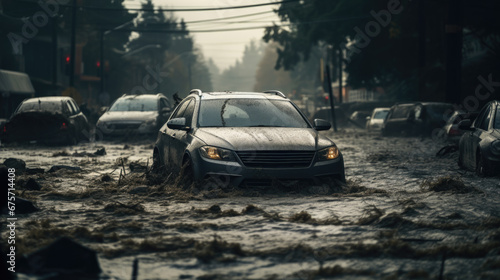 Cars try to get through a flooded street