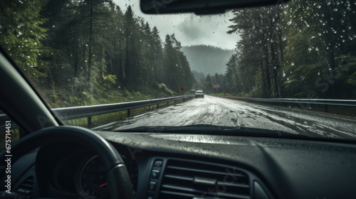 Interior shot of a car driving through the rain