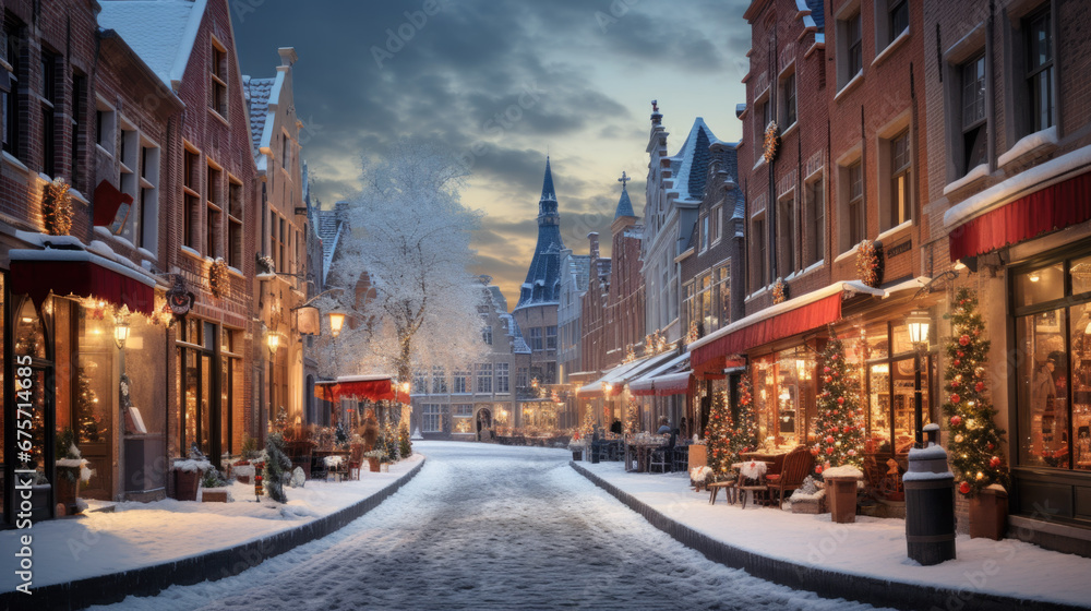 A cozy winter town decorated for Christmas - obrazy, fototapety, plakaty 