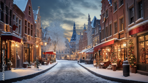 A cozy winter town decorated for Christmas