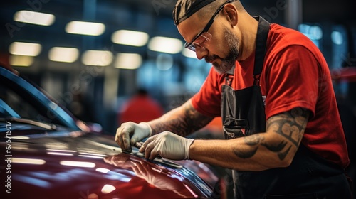 Master mechanic polishes red car with polisher, detailing series