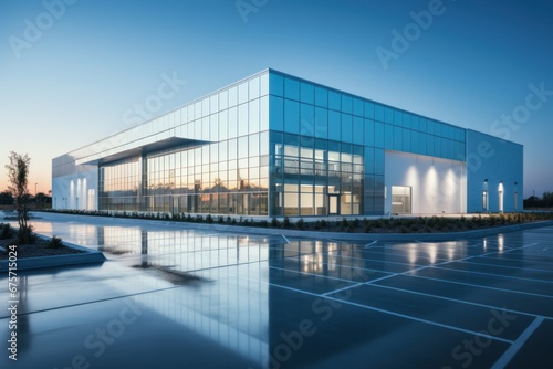 Modern sleek warehouse office building facility exterior architecture.