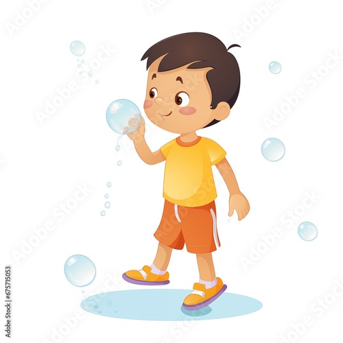 A Child Blowing Bubbles in the Yard