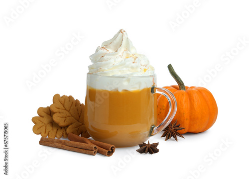 Fototapeta Naklejka Na Ścianę i Meble -  Cup of pumpkin spice latte with whipped cream, squash, cookies, anise and cinnamon sticks isolated on white