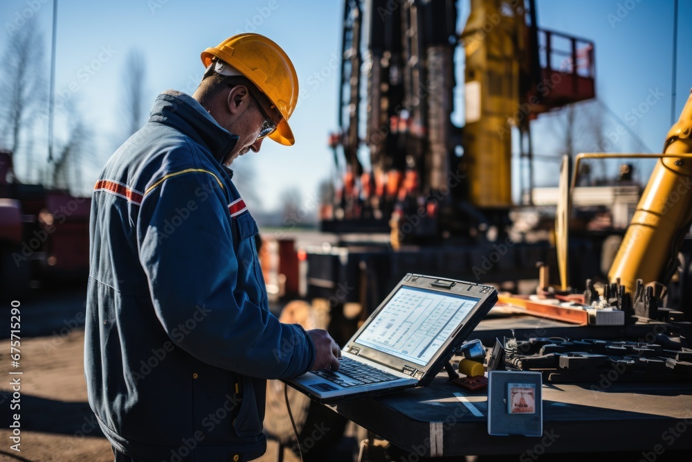 Operator use mobile tablet for control drilling rig for exploration of minerals for oil, gas and artisan water - obrazy, fototapety, plakaty 
