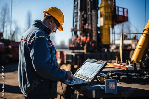 Operator use mobile tablet for control drilling rig for exploration of minerals for oil, gas and artisan water photo