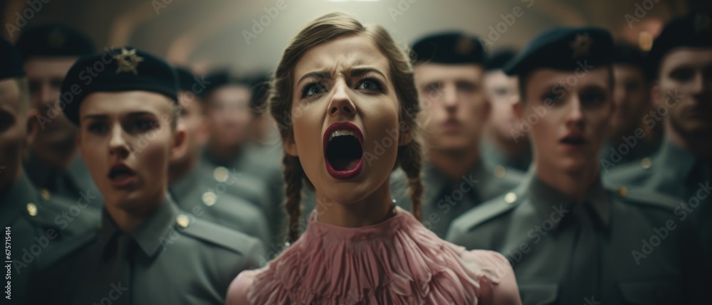 Film studio close-up. In the background is an army of people, fighting for the future. Formidable machine, education, individuality, personality Film studio close-up. In the background is an army of people, fighting for the future. Formidable machine, education, individuality, personality