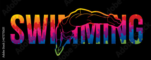 Swimming Text with Swimmer Action Cartoon Sport Graphic Vector