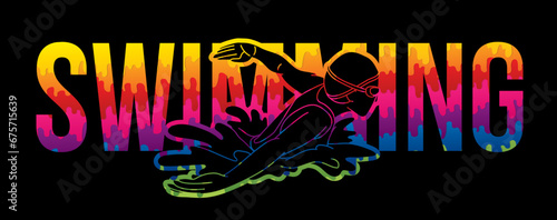 Swimming Text with Swimmer Action Cartoon Sport Graphic Vector