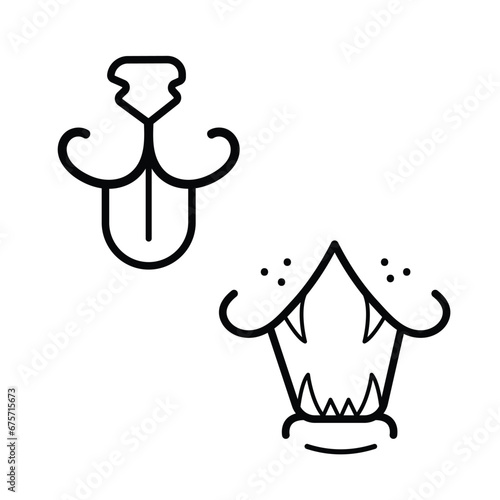 Two dog or cat animal mouth vector icon illustration outline isolated on square white background. Simple flat monochrome black and white cartoon art styled drawing.