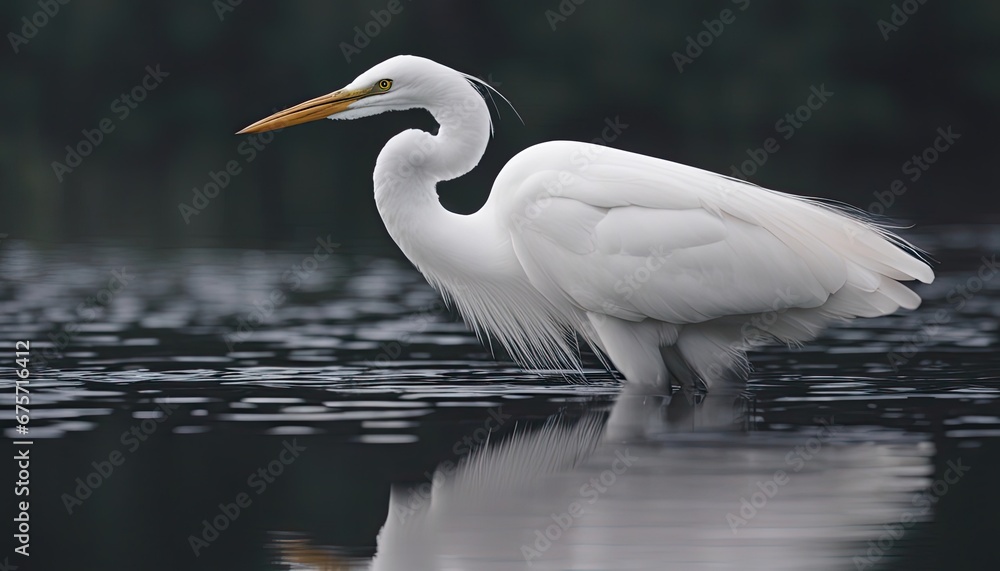 A great egret alongside its reflection in the water A great egret alongside its reflection in the water