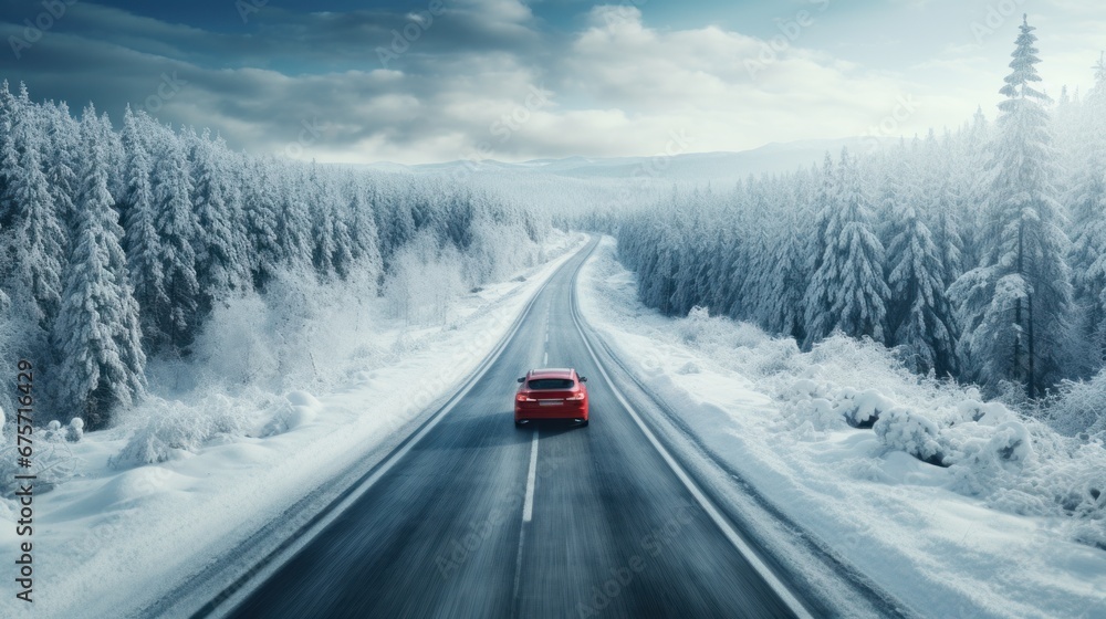 Red car driving on winding road through snowy forest, toning blue. - obrazy, fototapety, plakaty 