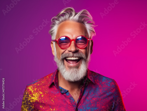 Happy senior man white bearded wear sunglass shouting while standing against neon pink background. Portrait of attractive cheerful grey-haired man. Stylish showman, trendy style. Expressing positivity