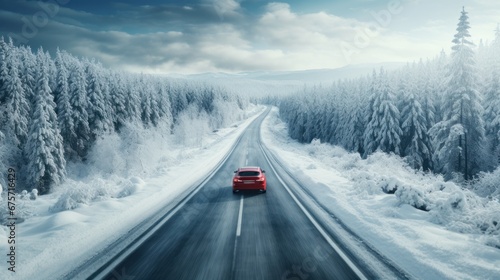 Red car driving on winding road through snowy forest, toning blue.