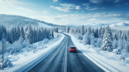 Red car driving on winding road through snowy forest, toning blue. © sirisakboakaew