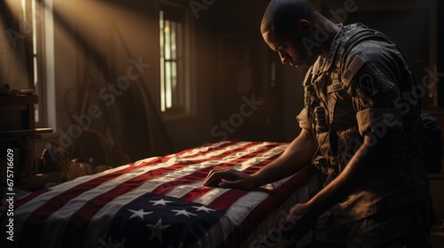 Soldier grieving over casket draped with USA flag.