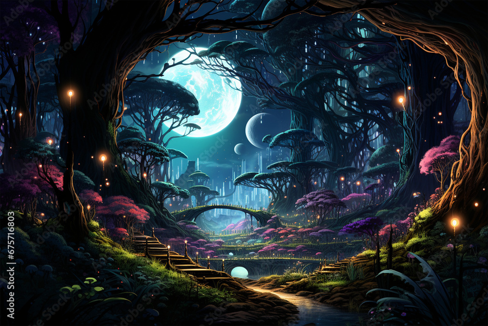 A cybernetic forest where the trees are moonlit at night