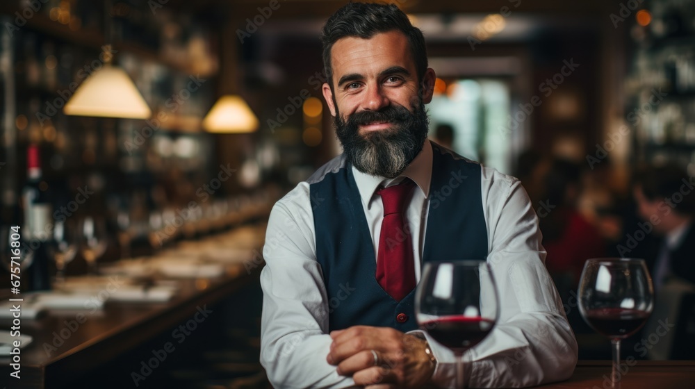 Tasting red wine in restaurant under guidance of sommelier Tasting red wine in restaurant under guidance of sommelier