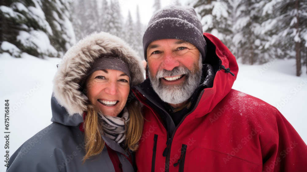 POV portrait of happy senior couple taking selfie photo while enjoying hike in winter forest POV portrait of happy senior couple taking selfie photo while enjoying hike in winter forest