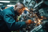 Team african american engineer in uniform checking quality and dimensions of parts on CNC machinery industry car factory