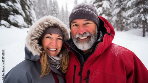 POV portrait of happy senior couple taking selfie photo while enjoying hike in winter forest