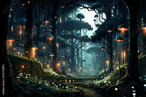 A cybernetic forest where the trees are moonlit at night © wendi