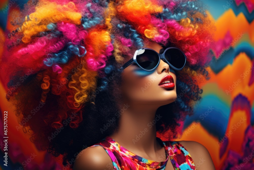 Obraz premium Beautiful stylish African American woman wearing sunglasses, bright multi-colored hair and beautiful bright clothes