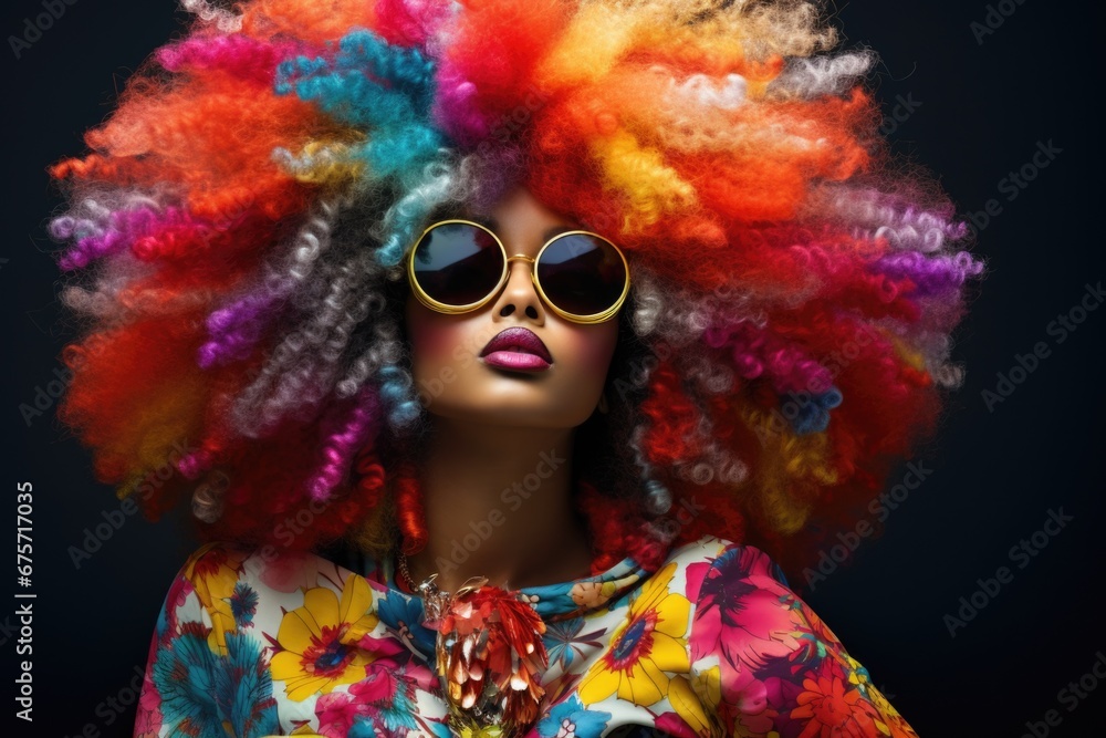Beautiful stylish African American woman wearing sunglasses, bright multi-colored hair and beautiful bright clothes Beautiful stylish African American woman wearing sunglasses, bright multi-colored hair and beautiful bright clothes