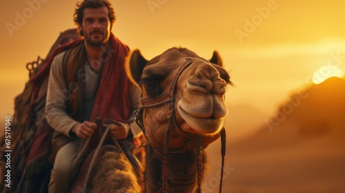 ourist man with hat riding on camel background pyramid of Egyptian Giza, sunset Cairo, photo