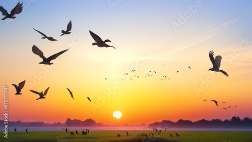World environment day concept Silhouette birds flying on meadow autumn sunrise landscape background