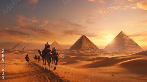 ourist man with hat riding on camel background pyramid of Egyptian Giza  sunset Cairo 