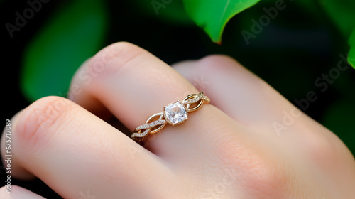 Diamon wedding ring or engagement ring on the finger on a young woman. Close up concept of love, jewelry and marriage. Shallow field of view.