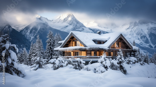 chalet under the snow at a winter resort, mountains, house, architecture, hotel, travel, new year, christmas, postcard, nature, cold, ski season, beauty, landscape, wooden building, roof, windows photo