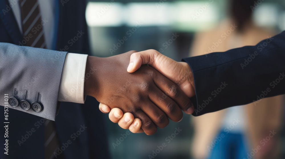 A black and a white business man shake hands in front of an office. A black and a white business man shake hands in front of an office.
