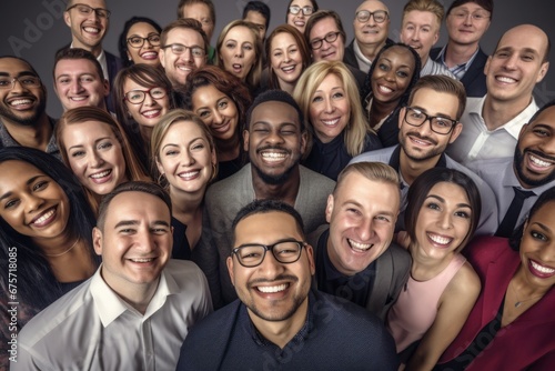 Collective office smile group selfie. Project old workplace smiling sales. Generate Ai