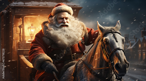 Funny Santa with white beard riding a horse cart and hurry in Christmas gift delivery at night in snowy background         © Sudarshana
