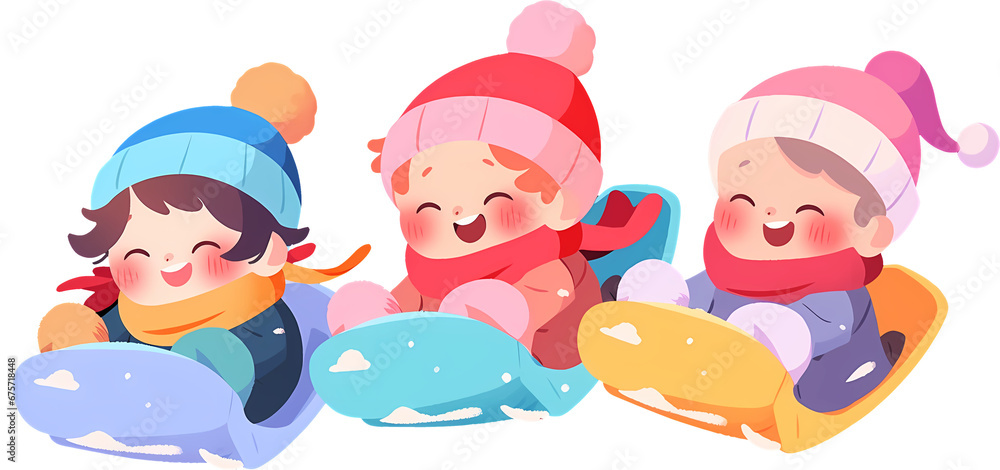 Diverse group of multicultural boys and girl sliding down on rubber tubes and sledge in winter park. Asian, African and Caucasian kids enjoying a sleigh ride. isolated cartoon illustration. - obrazy, fototapety, plakaty 