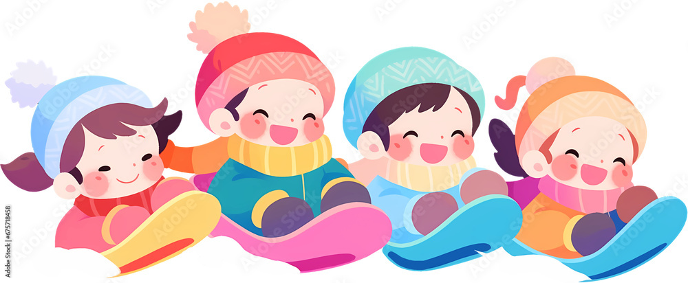 Diverse group of multicultural boys and girl sliding down on rubber tubes and sledge in winter park. Asian, African and Caucasian kids enjoying a sleigh ride. isolated cartoon illustration. Diverse group of multicultural boys and girl sliding down on rubber tubes and sledge in winter park. Asian, African and Caucasian kids enjoying a sleigh ride. isolated cartoon illustration.