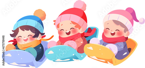 Diverse group of multicultural boys and girl sliding down on rubber tubes and sledge in winter park. Asian, African and Caucasian kids enjoying a sleigh ride. isolated cartoon illustration. photo