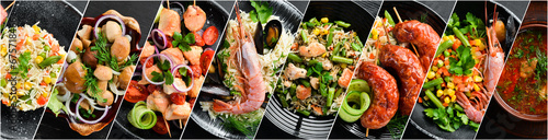 A photo collage of vegetables, meat and seafood dishes. A set of dishes in plates. Photo banner for a food site. photo