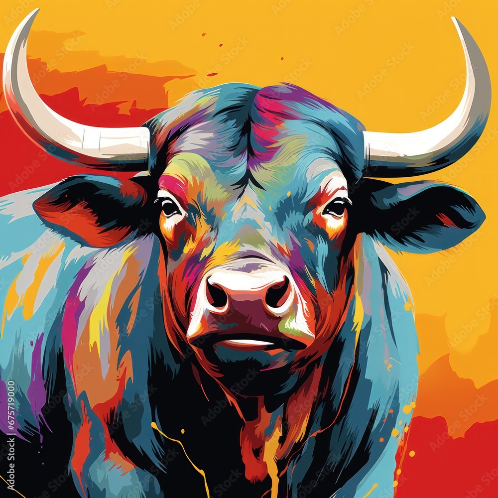 Blacklight painting-style bull, bull pop art illustration Blacklight painting-style bull, bull pop art illustration