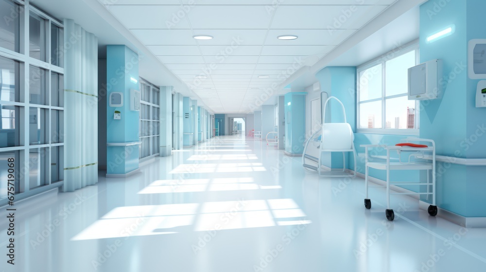 Fototapeta premium A long, bright hospital corridor with rooms and seating.