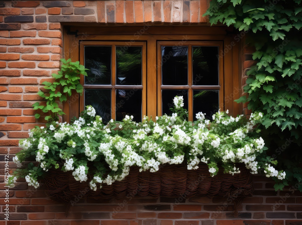 Window box with white flowers brick wall, generative ai