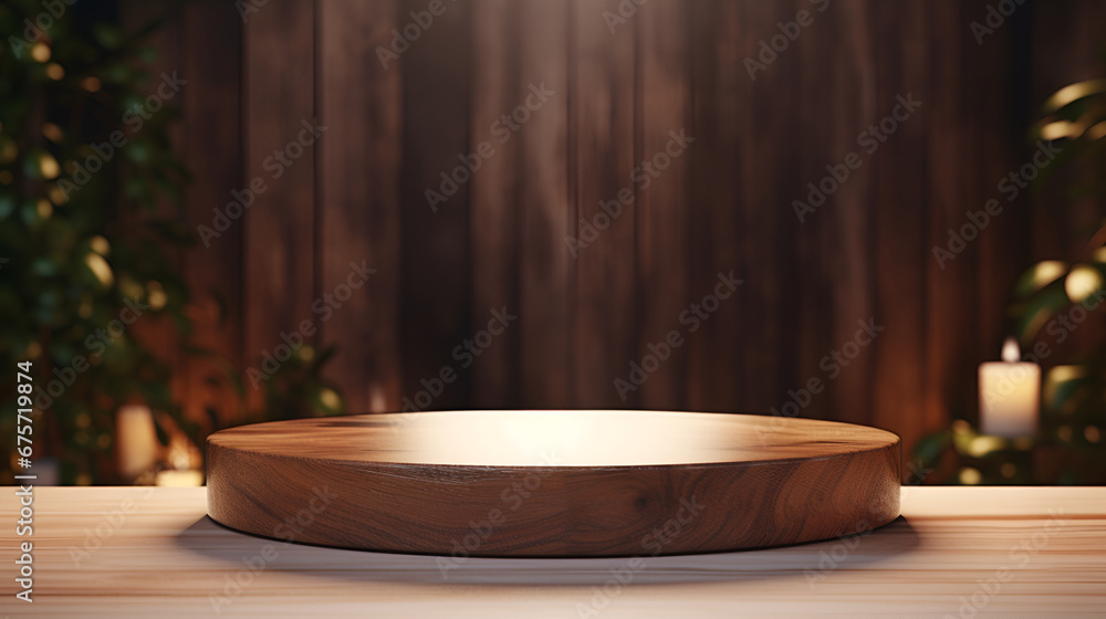 Wooden round podium for product showcase. generative by Ai Wooden round podium for product showcase. generative by Ai