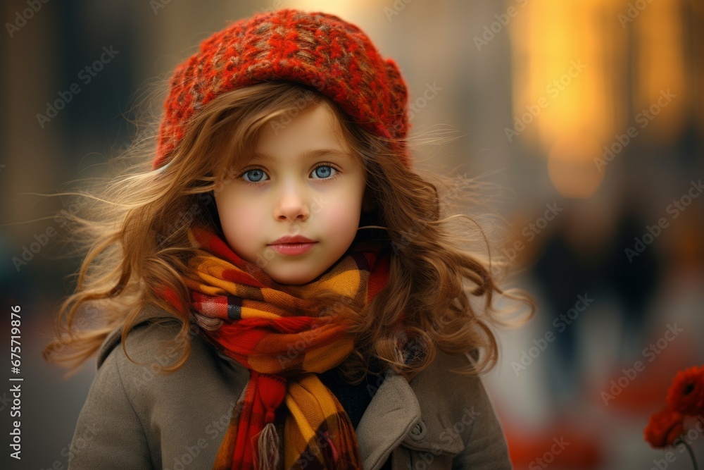 Portrait of a beautiful little girl in a red hat and scarf. Portrait of a beautiful little girl in a red hat and scarf.