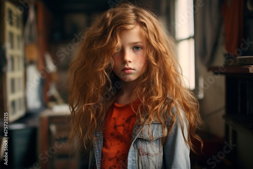 Portrait of a cute little girl with long red hair in the room