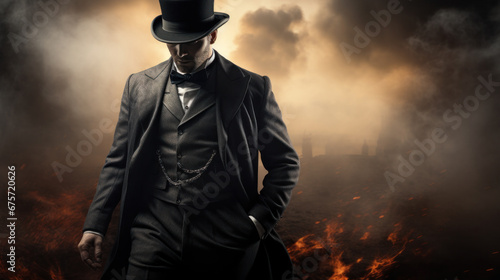 Man in a black top hat and cloak. Demonic image. Magician illusionist. Smoke background